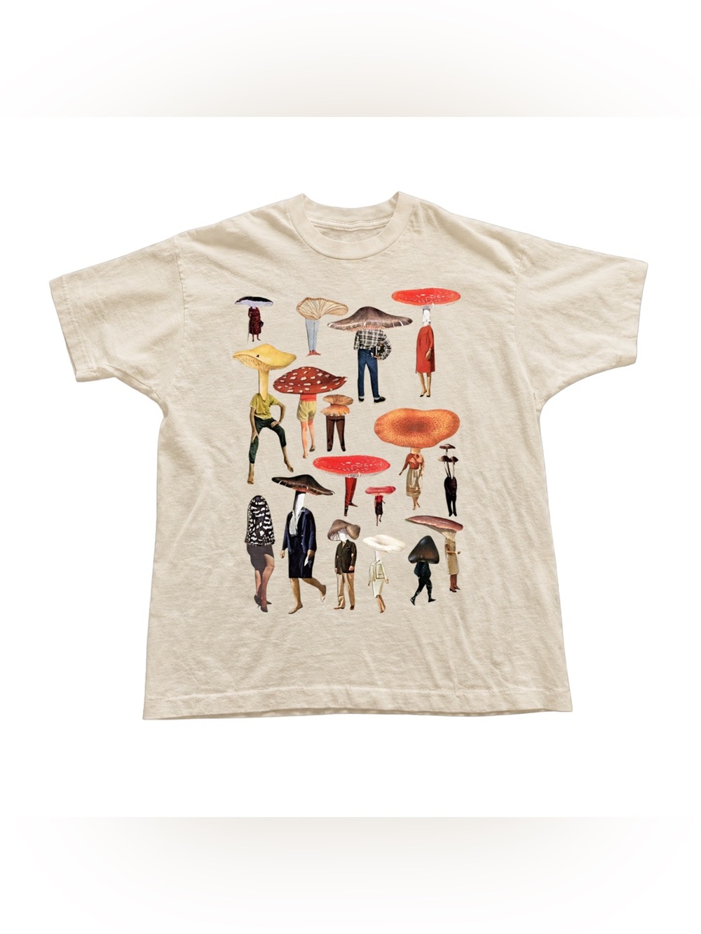Off White Graphic Tee with Colorful Mushroom-People Print